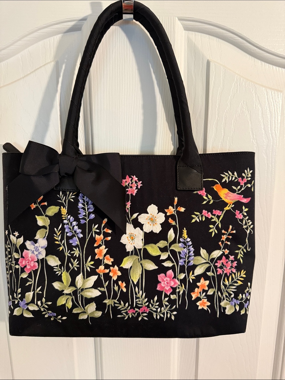 Talbots Black Spring Floral Embroidered Tote with Bow Accent